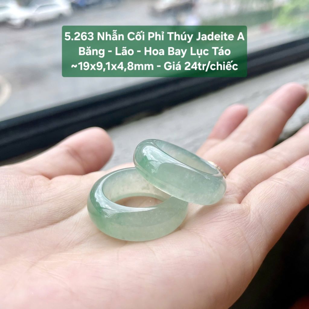 5.263 Nhẫn Cối Phỉ Thuý Jadeite A - Băng - Lão - Hoa Bay Lục Táo ~ 19x9,1x4,8mm