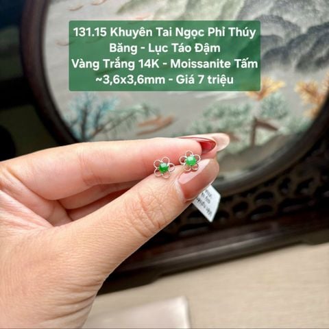 Khuyên tai Ngọc Phỉ Thuý Băng - Lục Táo Đậm VT14K - Mois tấm - 3,6x3,6mm 131.15