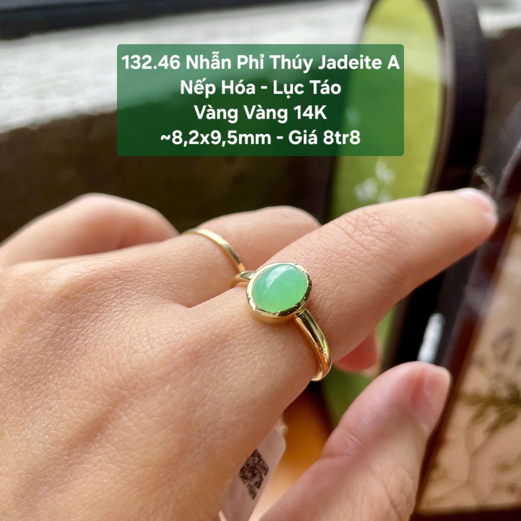 132.46 Nhẫn Phỉ Thuý Jadeite A - Nếp Hoá - Lục Táo - VV14K - 8,2x9,5mm