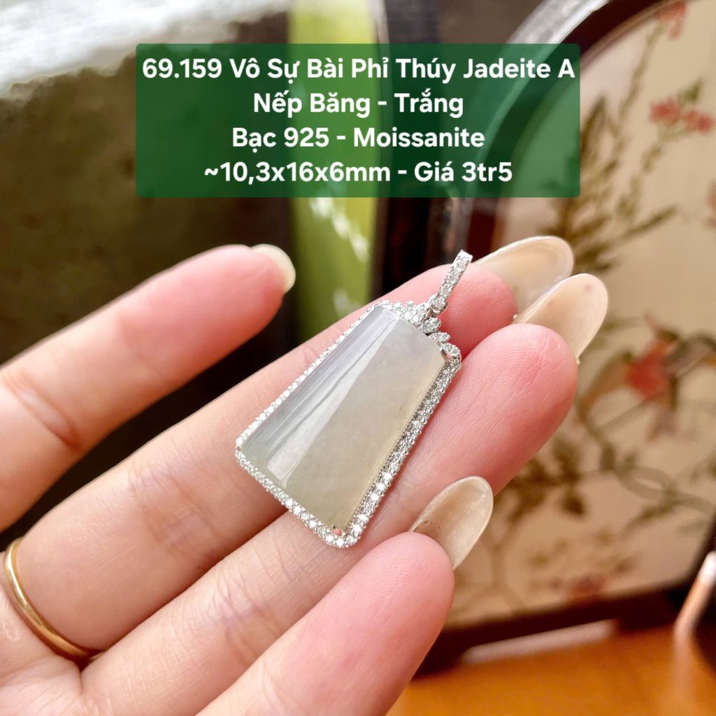 69.159 Vô Sự Bài Phỉ Thuý Jadeite A - Nếp  Băng - Trắng - Bạc 925 - Mois ~ 10,3x16x6mm