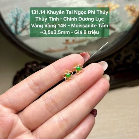 Khuyên tai Ngọc Phỉ Thuý Thuỷ Tinh - Chính Dương Lục - VV14K - Mois tấm ~3,5x3,5mm 131.14
