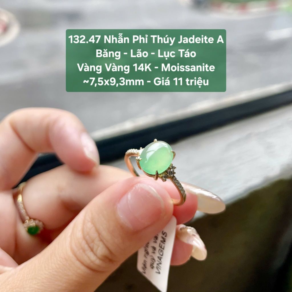 132.47 Nhẫn Phỉ Thuý Jadeite A - Băng - Lão -  Lục Táo - VV14K -Mois ~ 7,5x 9,3mm