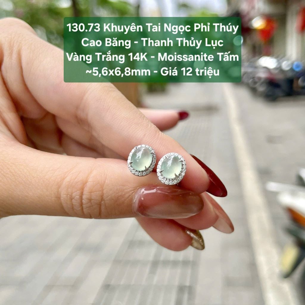 Khuyên tai Ngọc Phỉ Thuý Cao Băng - Thanh Thuỷ Lục VV14K - Mois tấm ~ 5,6x6,8mm 130.73