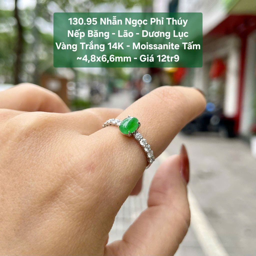 Nhẫn Ngọc Phỉ Thuý Nếp Băng - Lão- Dương Lục VT14K - Mois tấm ~4,8x6,6mm 130.95
