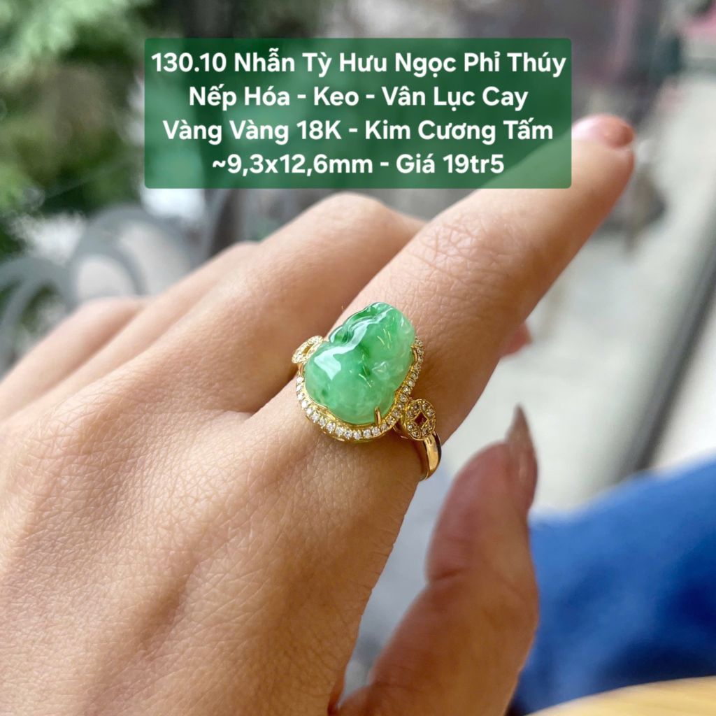 Nhẫn Tỳ Hưu Ngọc Phỉ Thuý Nếp Hoá - Keo - Vân Lục Cay VV18K - Kim Cương Tấm ~ 9,3x12,6mm 130.10