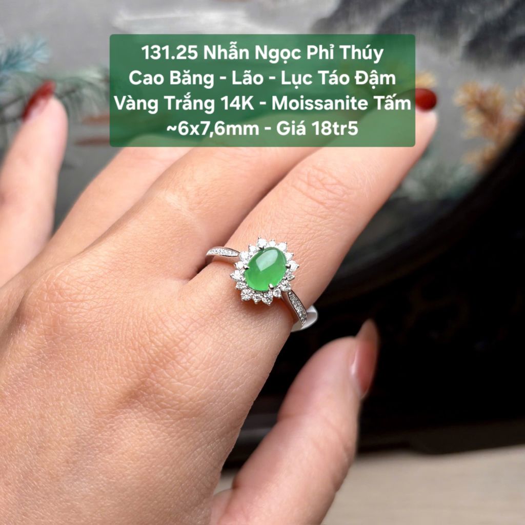 Nhẫn Ngọc Phỉ Thuý Cao Băng - Lão - Lục Táo Đậm VT14K - Mois tấm ~6x7,6mm 131.25