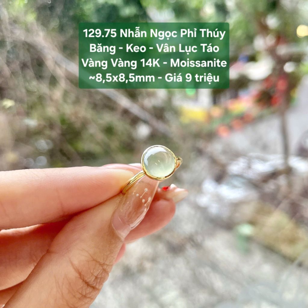 Nhẫn Ngọc Phỉ Thuý Băng - Keo - Vân Lục Táo VV14K - Moissanite ~8,5x8,5mm 129.75