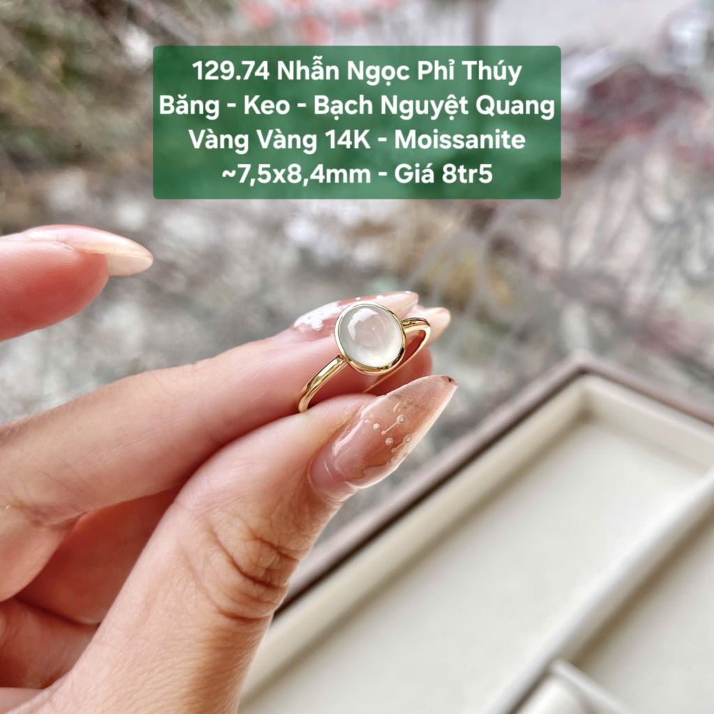 Nhẫn Ngọc Phỉ Thuý Băng - Keo - Bạch Nguyệt Quang VV14K - Moissanite ~7.5x8,4mm 129.74