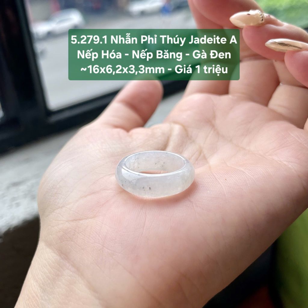 5.279.1 Nhẫn Ngọc Phỉ Thuý  Jadeite A - Nếp Hoá - Nếp Băng - Gà Đen ~ 16x6,2x3,3mm