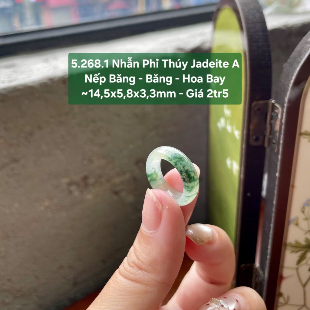 5.268.1 Nhẫn Phỉ Thuý Jadeite A - Nếp Băng - Băng - Hoa Bay ~ 14,5x5,8x3,3mm