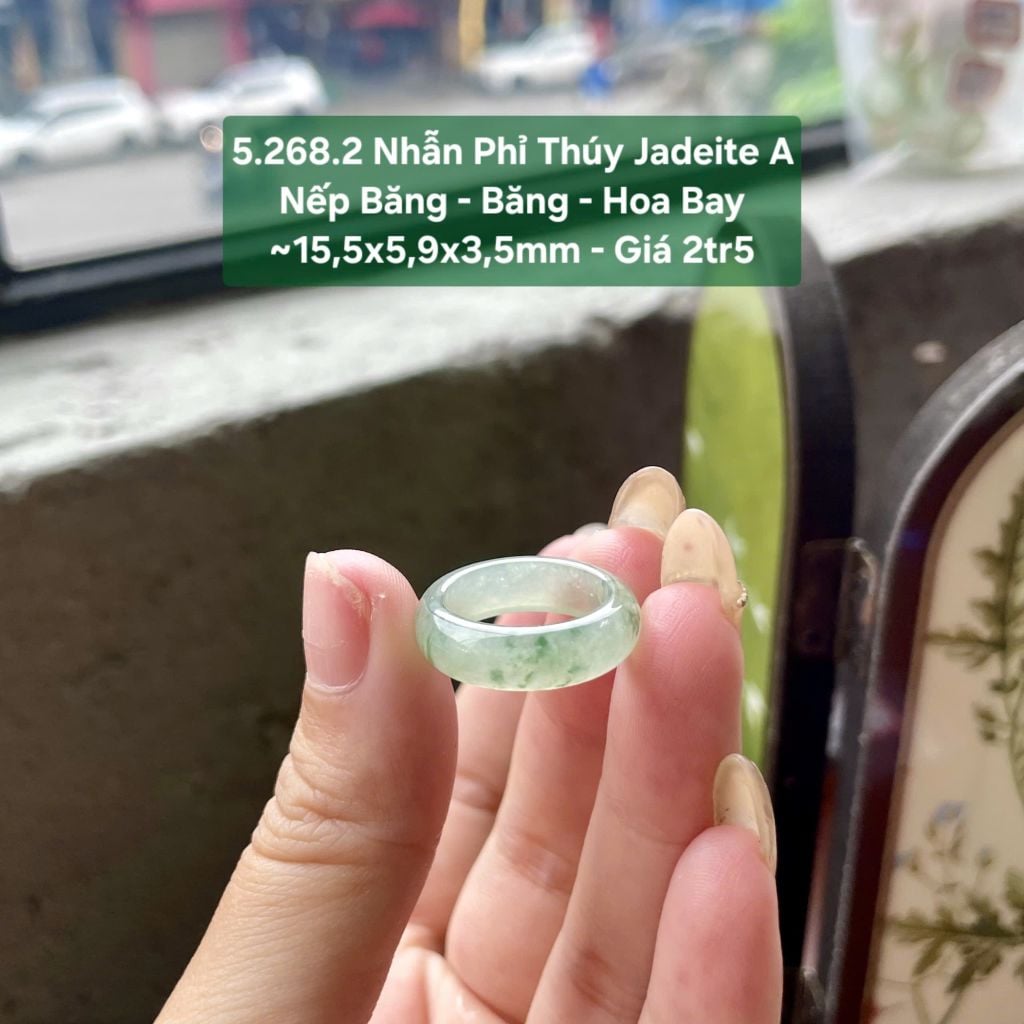 5.268.2 Nhẫn Phỉ Thuý Jadeite A - Nếp Băng - Băng - Hoa Bay ~ 15,5x5,9x3,5mm