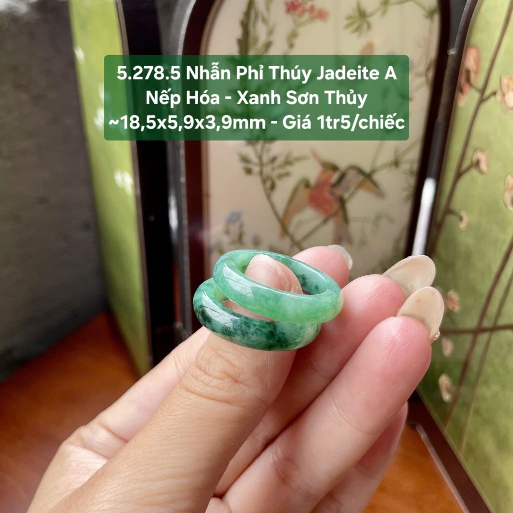 5.278.5 Nhẫn Phỉ Thuý Jadeite A - Nếp Hoá - Xanh Sơn Thuỷ ~ 18,5x5,9x3,9mm