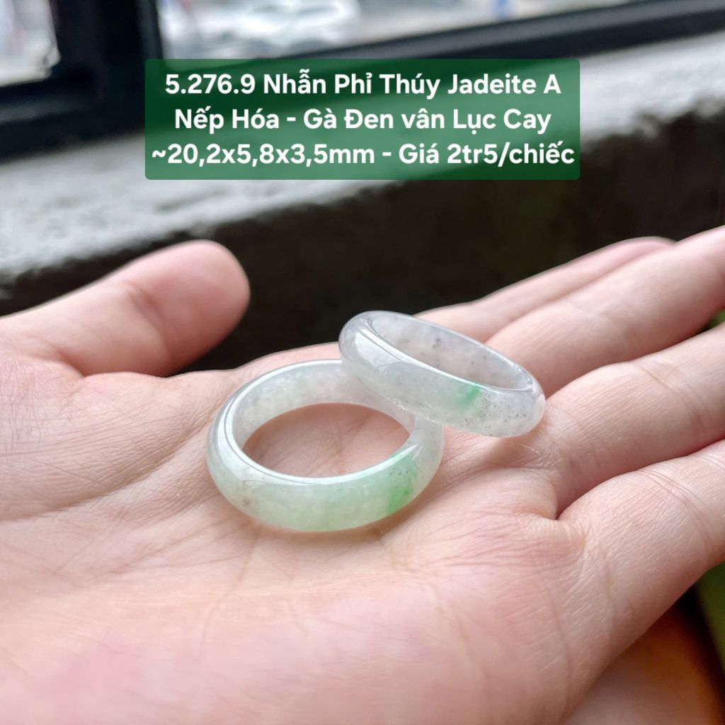 5.276.9 Nhẫn Phỉ Thuý Jadeite A - Nếp Hoá - Gà Đen Vân Lục Cay ~ 20,2x5,8x3,5mm