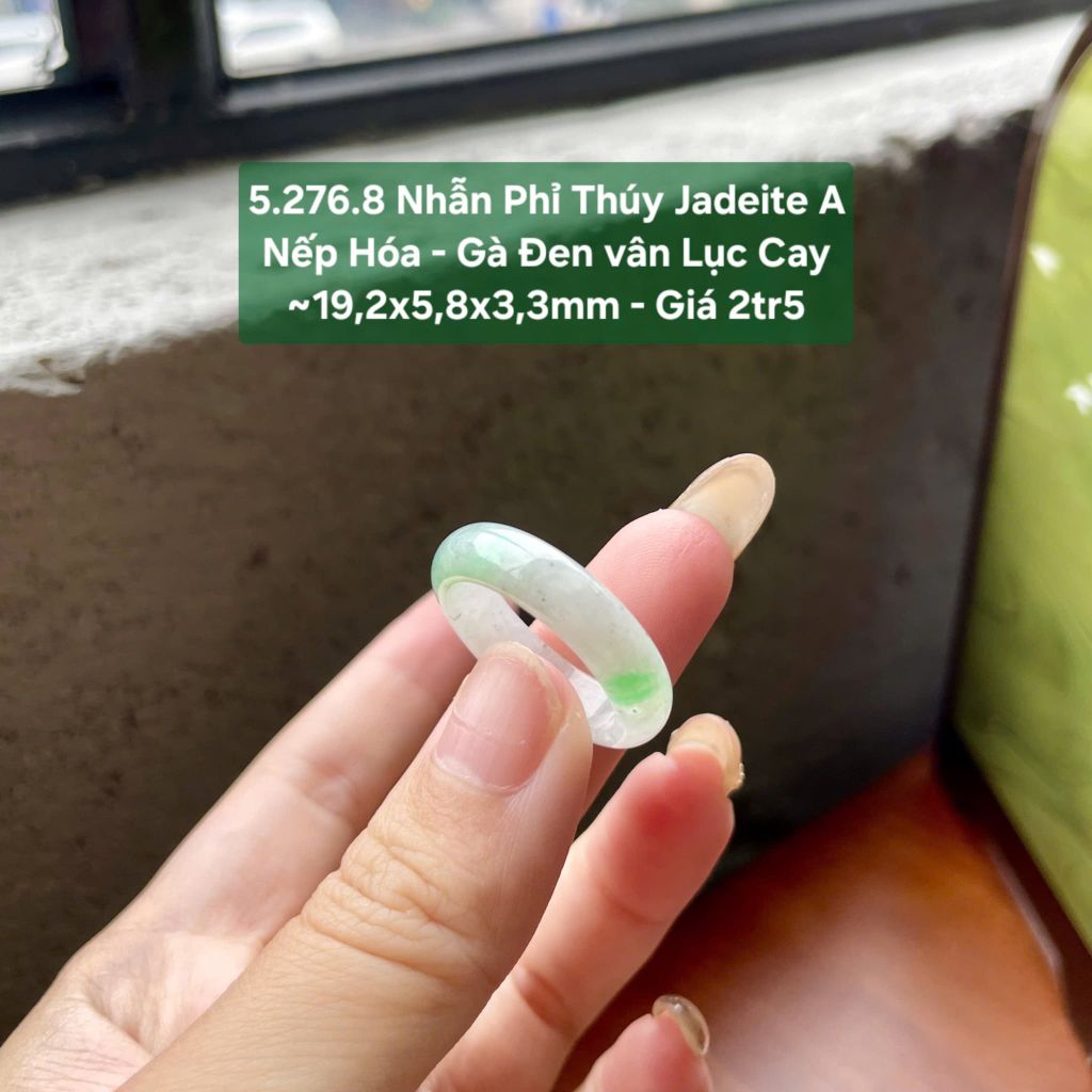 5.276.8 Nhẫn Phỉ Thuý Jadeite A - Nếp Hoá - Gà Đen Vân Lục Cay ~ 19,2x5,8x3,3mm