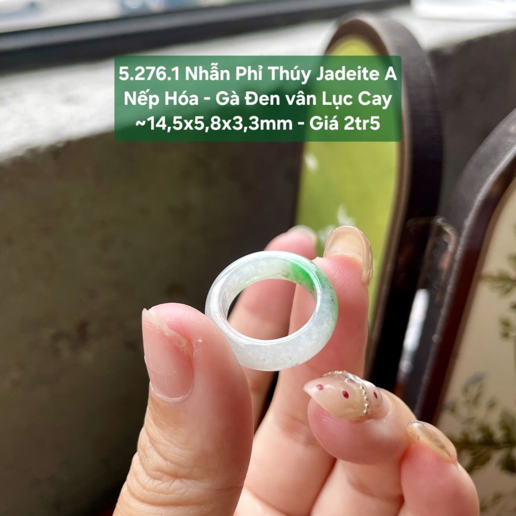 5.276.1 Nhẫn Phỉ Thuý Jadeite A - Nếp Hoá - Gà Đen Vân Lục Cay ~ 14,5x5,8x3,3mm