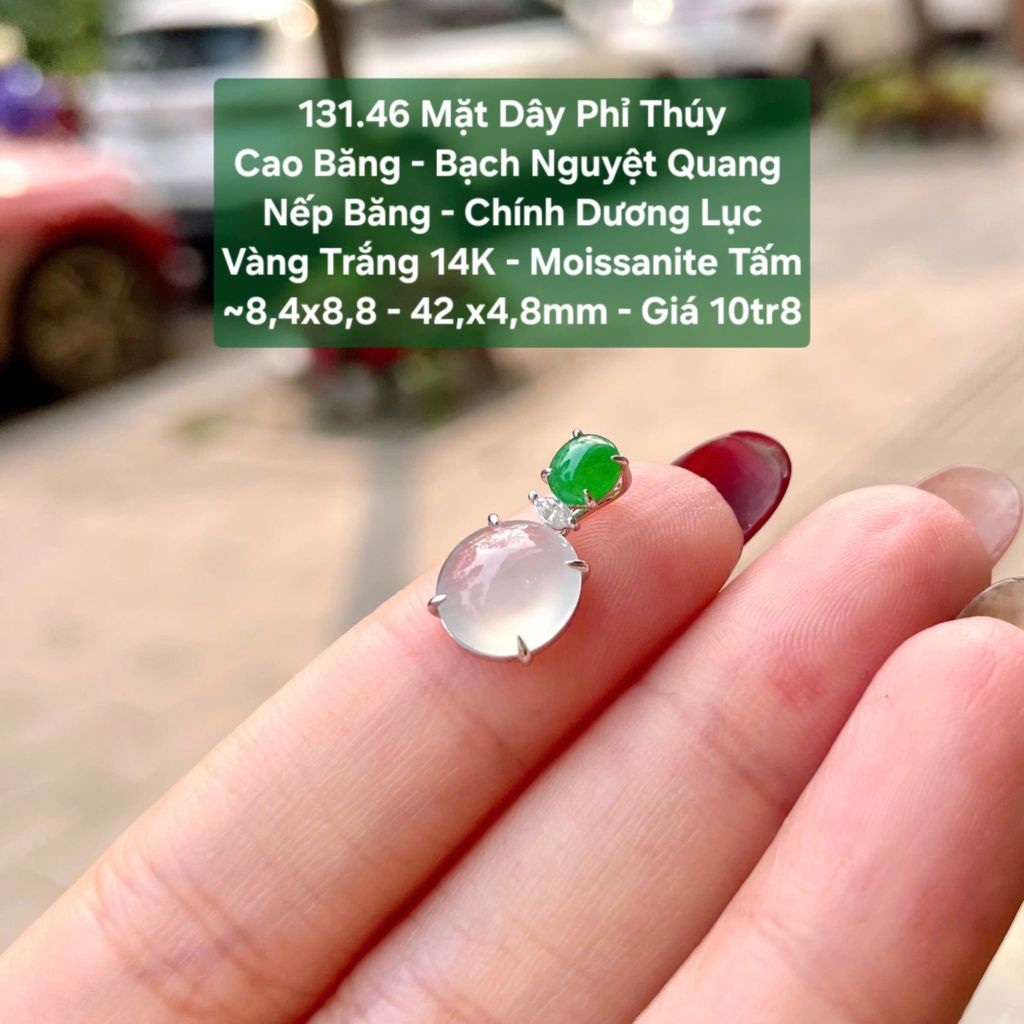 Mặt Dây Phỉ Thuý Cao Băng -  Bạch Nguyệt Quang Nếp Băng - Chính Dương Lục  VT14K - Mois Tấm ~8,4x8,8 - 42x4,8mm 131.46
