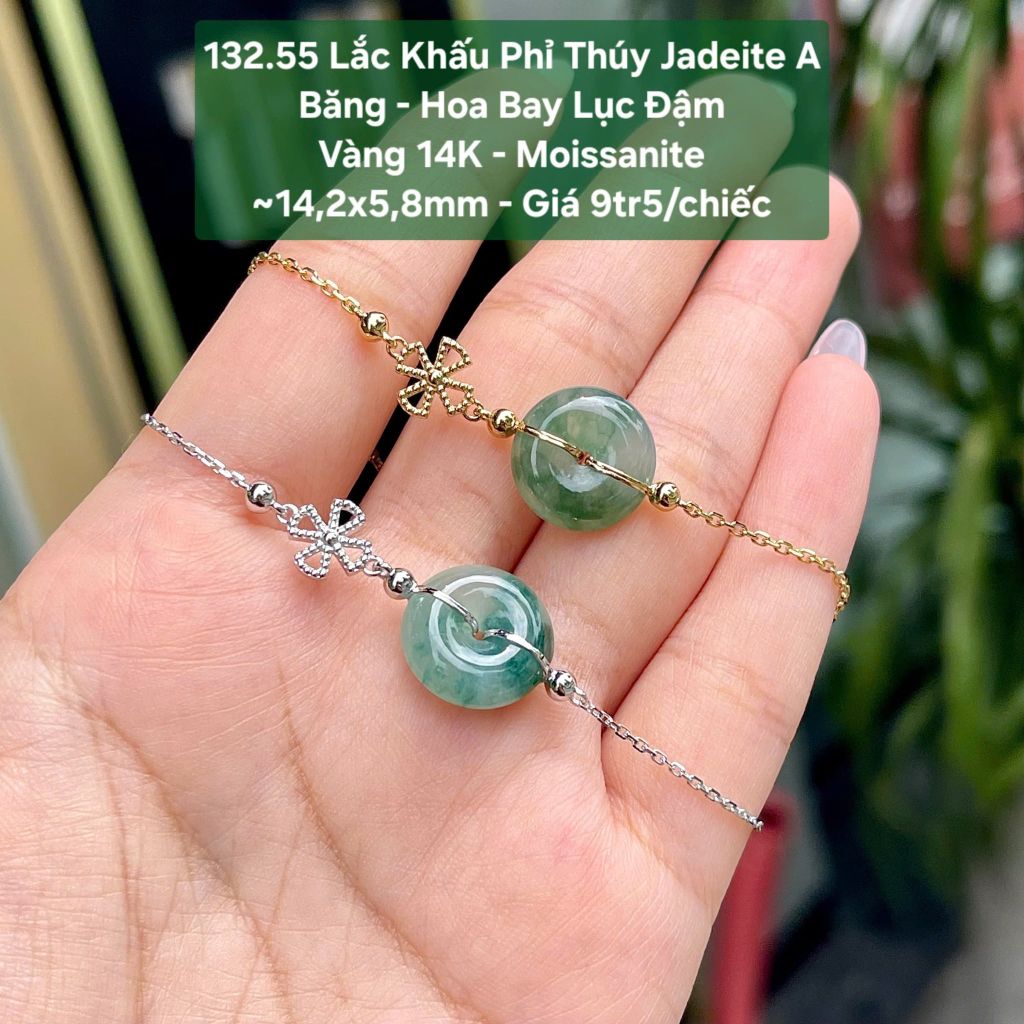 132.55 Lắc Tay Phỉ Thuý Jadeite A - Băng - Hoa Bay Lục Đậm ~ V14K - Mois ~ 14,2x5,8mm