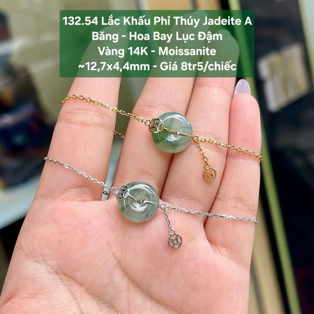 132.54 Lắc Tay Phỉ Thuý Jadeite A - Băng - Hoa Bay Lục Đậm ~ V14K - Mois ~ 12,7x4,4mm