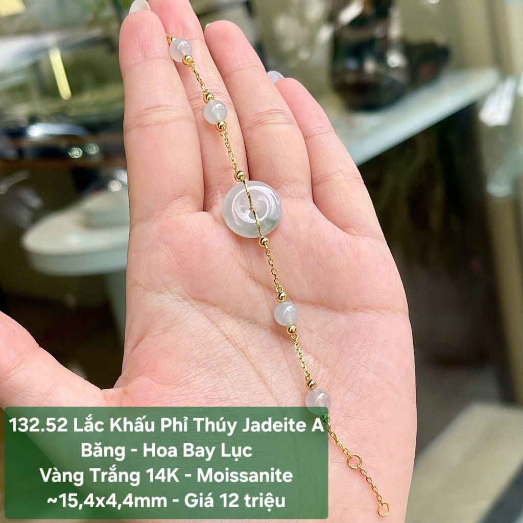 132.52 Lắc Tay Phỉ Thuý Jadeite A - Băng - Hoa Bay Lục  ~ VT14K - Mois ~ 15,4x4,4mm