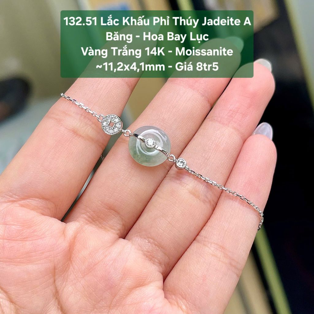 132.51 Lắc Tay Phỉ Thuý Jadeite A - Băng - Hoa Bay Lục ~ VT14K - Mois ~ 11,2x4,1mm