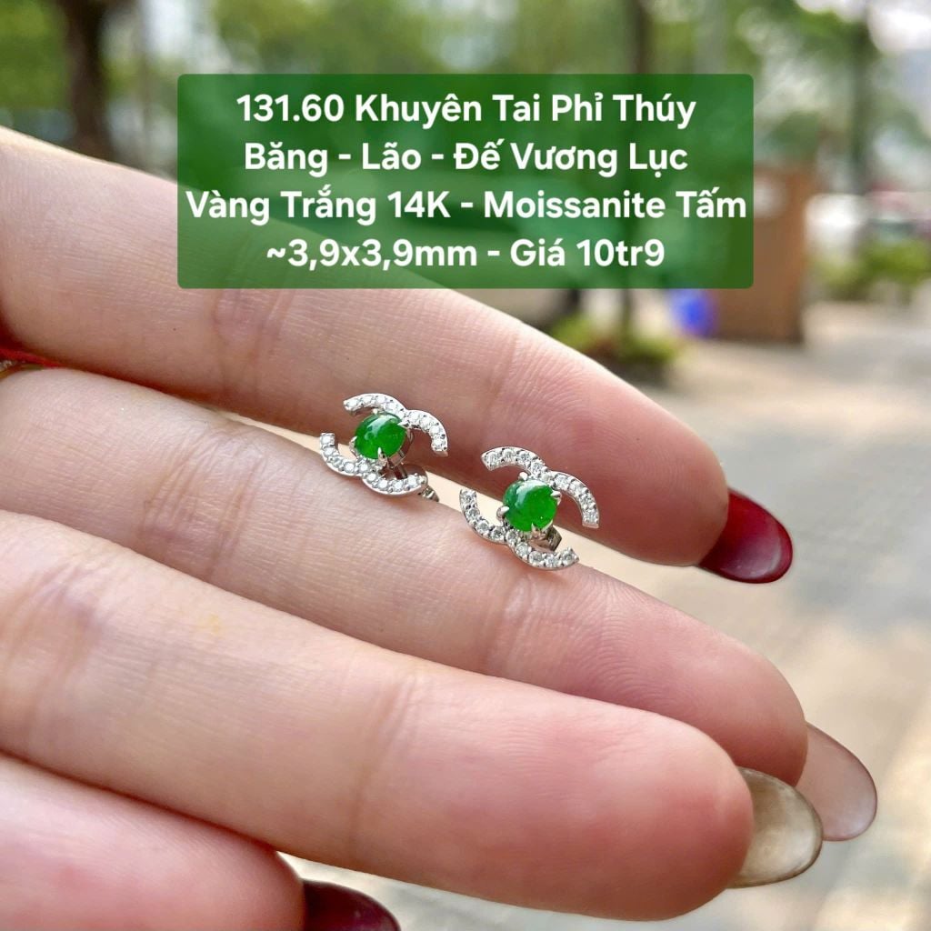 131.60 Khuyên Tai Phỉ Thúy Băng - Lão - Đế Vương Lục - VT14K- Moissanite Tấm ~3,9x3,9mm