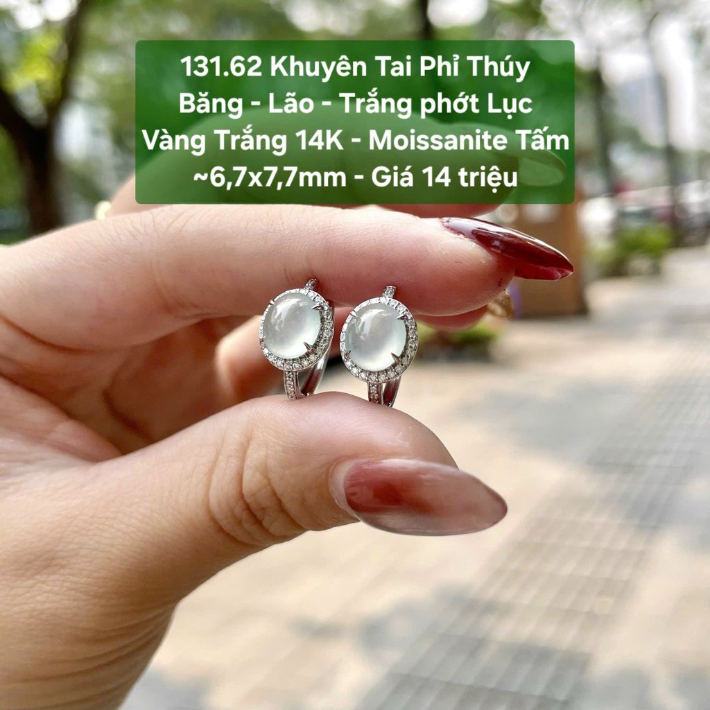 131.62 Khuyên Tai Phỉ Thúy Băng - Lão - Trắng phớt Lục- VT 14K - Moissanite Tấm ~6,7x7,7mm