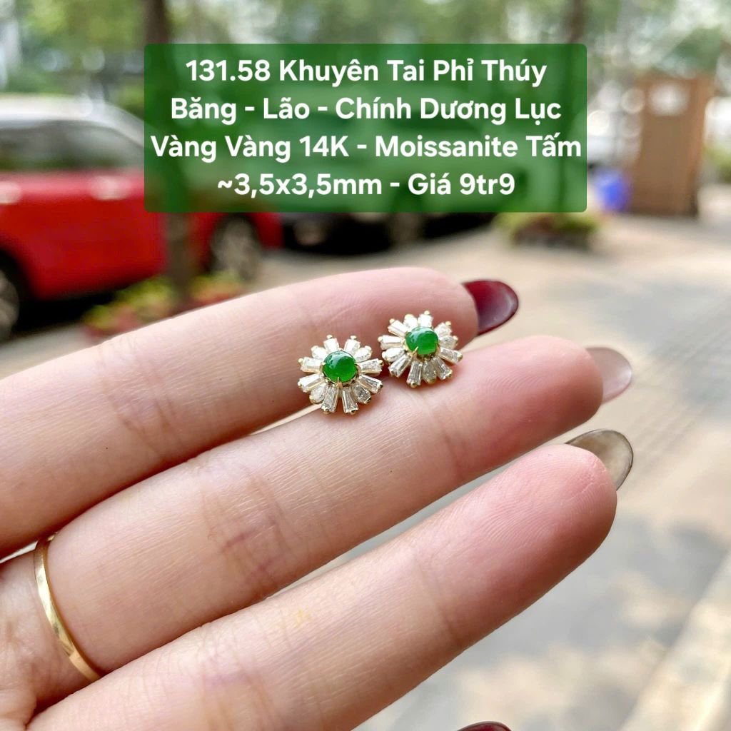 131.58 Khuyên Tai Phỉ Thúy Băng - Lão - Chính Dương Lục VV14K - Moissanite Tấm~3,5x3,5mm