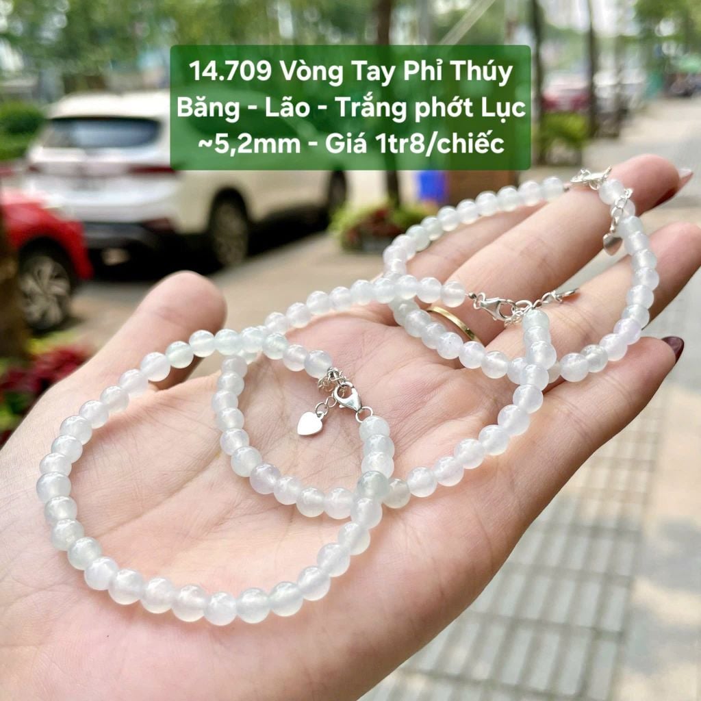 14.709 Vòng Tay Phỉ Thúy Băng - Lão - Trắng phớt Lục ~5,2mm