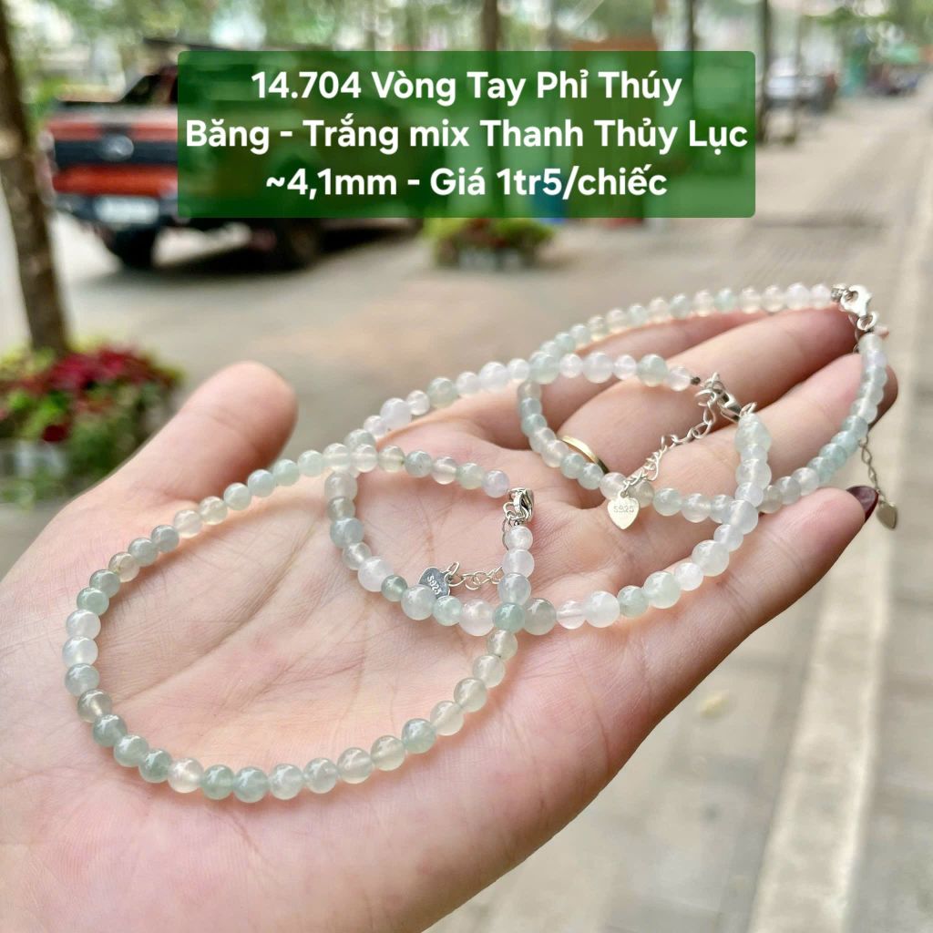 14.704 Vòng Tay Phỉ Thúy Băng - Trắng mix Thanh Thủy Lục ~4,1mm