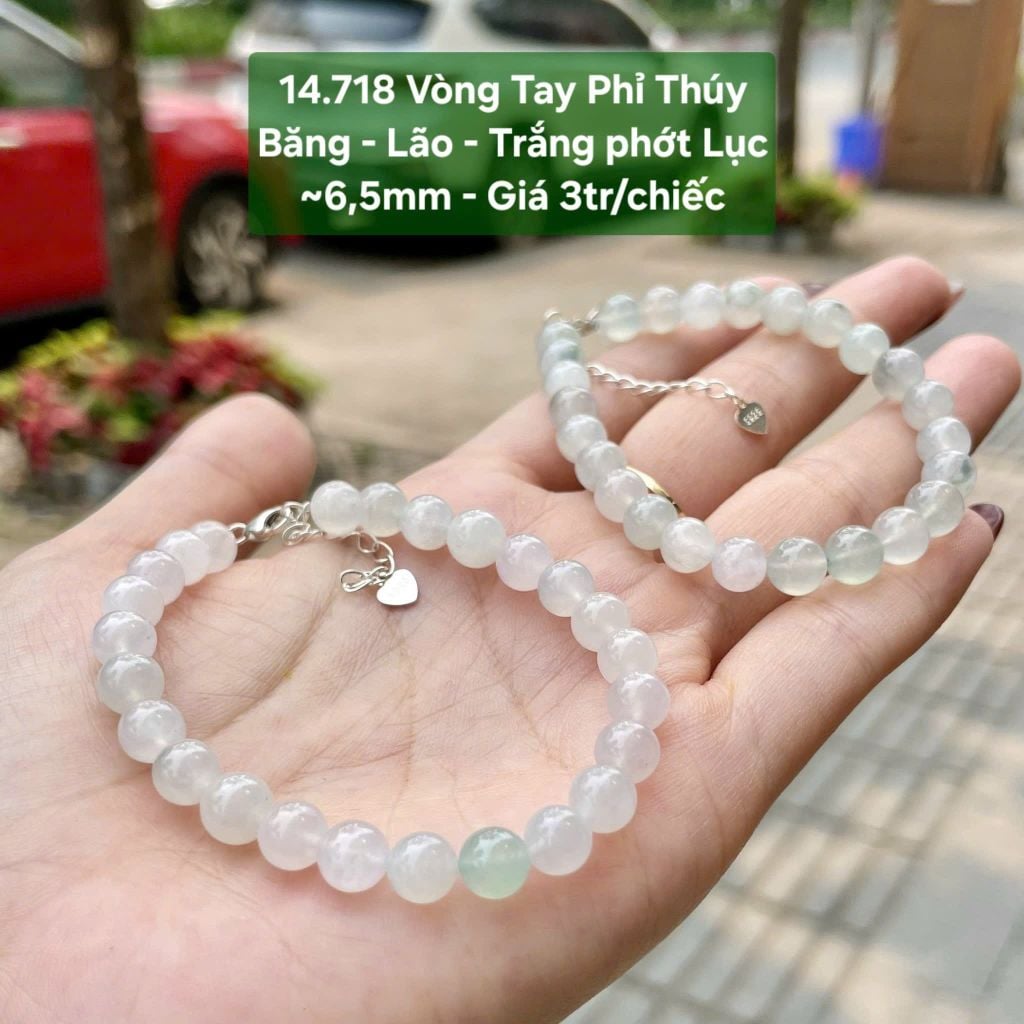 14.718 Vòng Tay Phỉ Thúy Băng - Lão - Trắng phớt Lục ~6,5mm