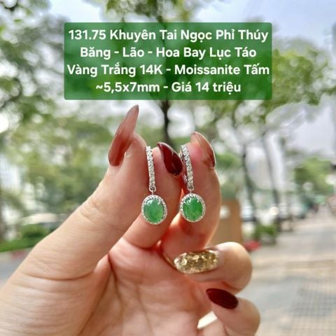 131.75 Khuyên Tai Ngọc Phỉ Thúy  Băng - Lão - Hoa Bay Lục Táo  VT 14K - Moissanite Tấm  ~5,5x7mm