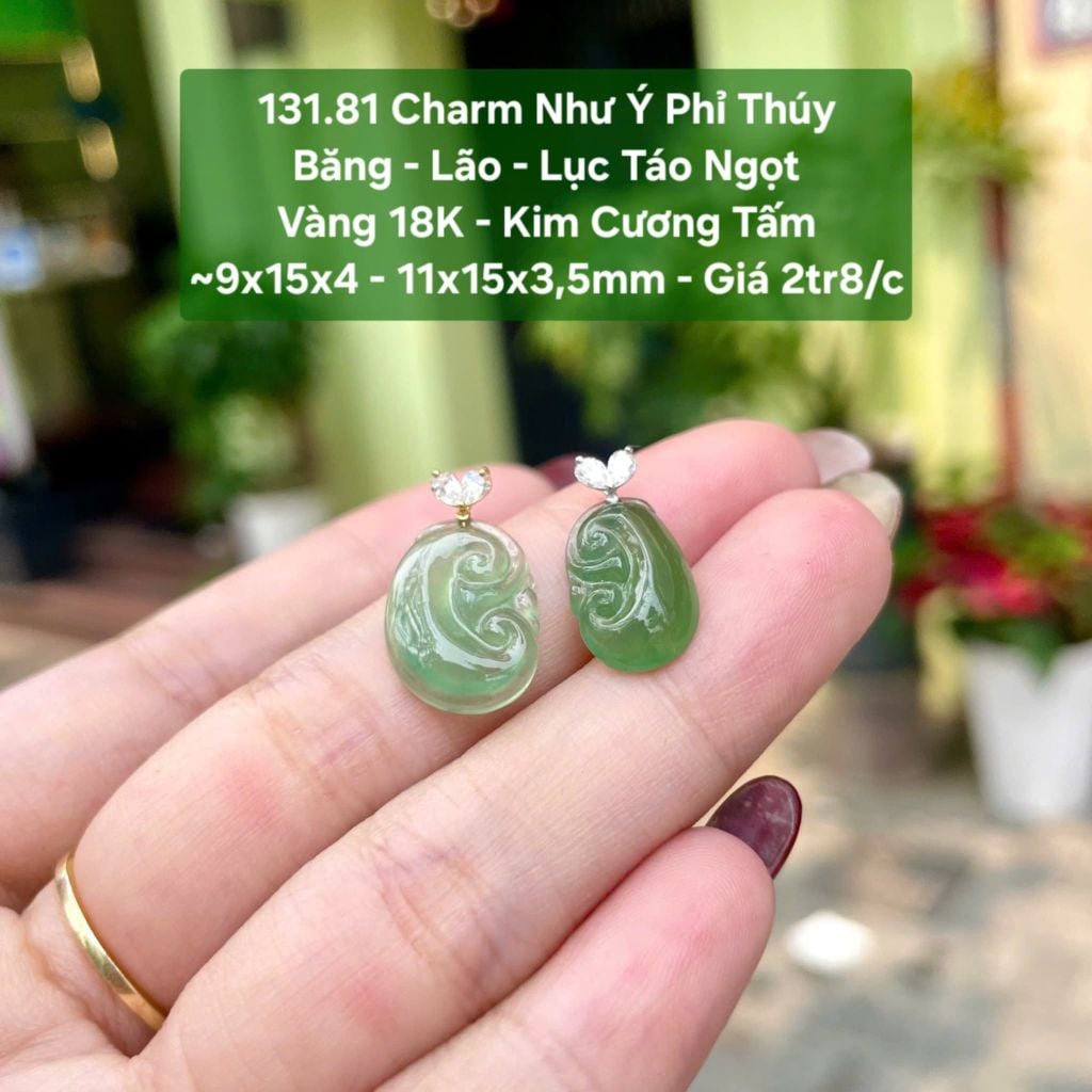 131.81 Charm Như Ý Phỉ Thúy Băng - Lão - Lục Táo Ngọt Vàng 18K - Kim Cương Tấm ~9x15x4 - 11x15x3,5mm