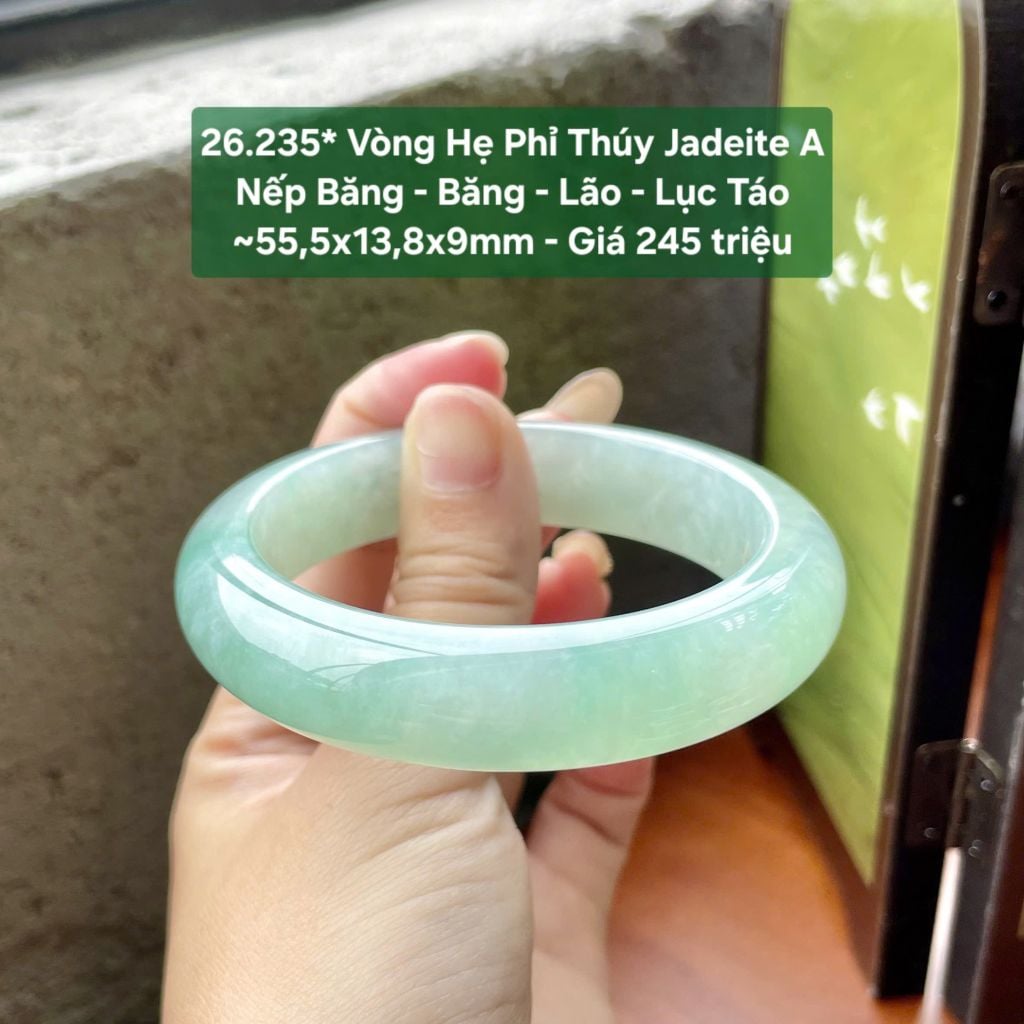 26.235* Vòng Hẹ Phỉ Thuý Jadeite A - Nếp Băng - Băng - Lão - Lục Táo ~ 55,5x13,8x9mm