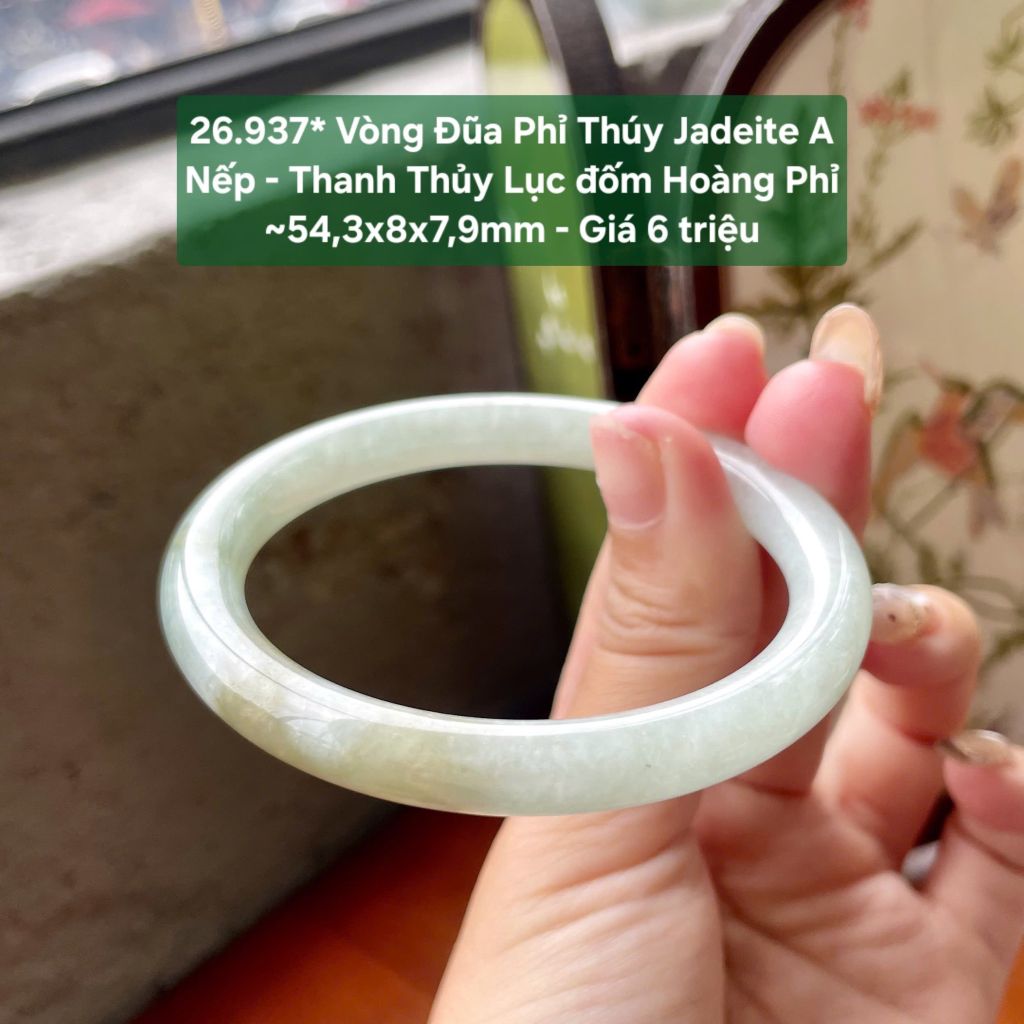 26.937* Vòng Đũa Phỉ Thuý Jadeite A - Nếp - Thanh Thuỷ Lục Đốm Hoàng Phỉ ~ 54,3x8x7,9mm