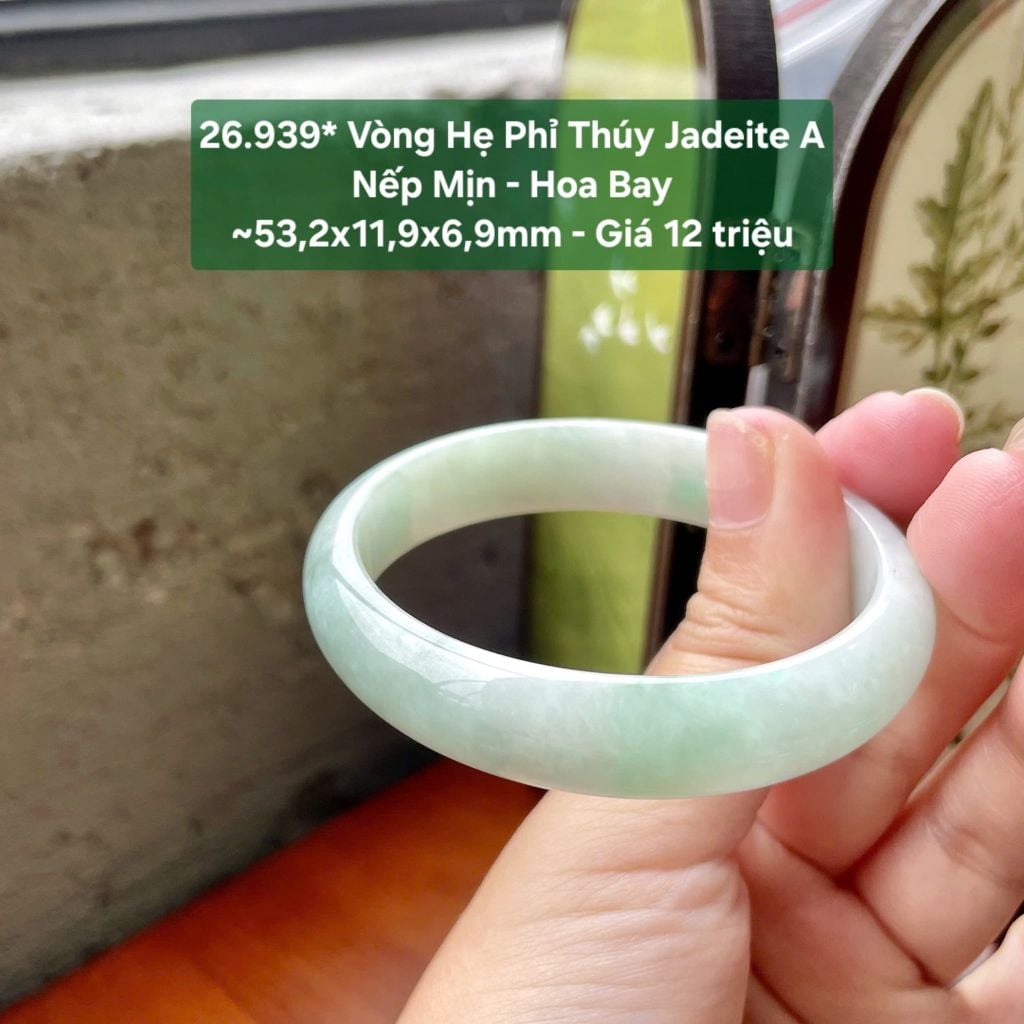 26.939* Vòng Hẹ Phỉ Thuý Jadeite A - Nếp Mịn - Hoa Bay ~ 53,2x11,9x6,9mm