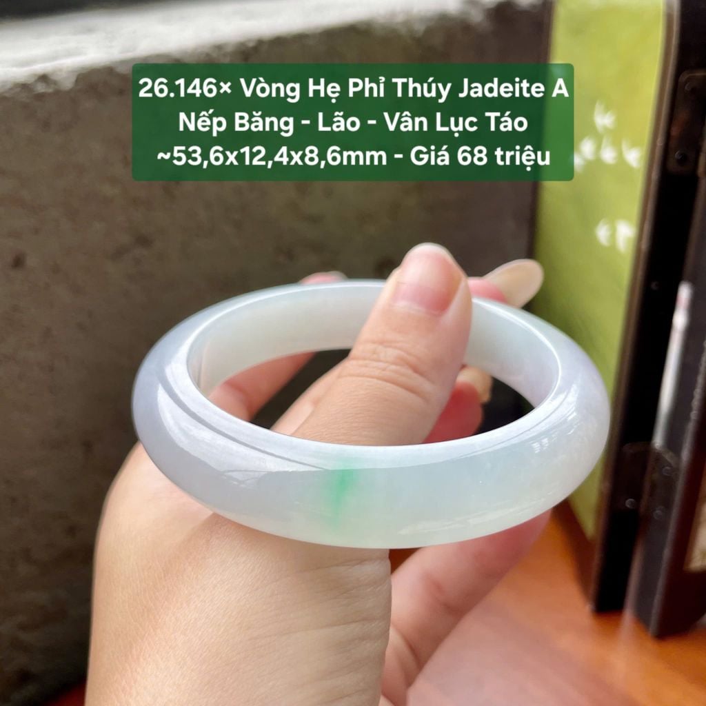 26.146x Vòng Hẹ Phỉ Thuý Jadeite A - Nếp Băng - Lão - Vân Lục Táo ~ 53,6x12,4x8,6mm