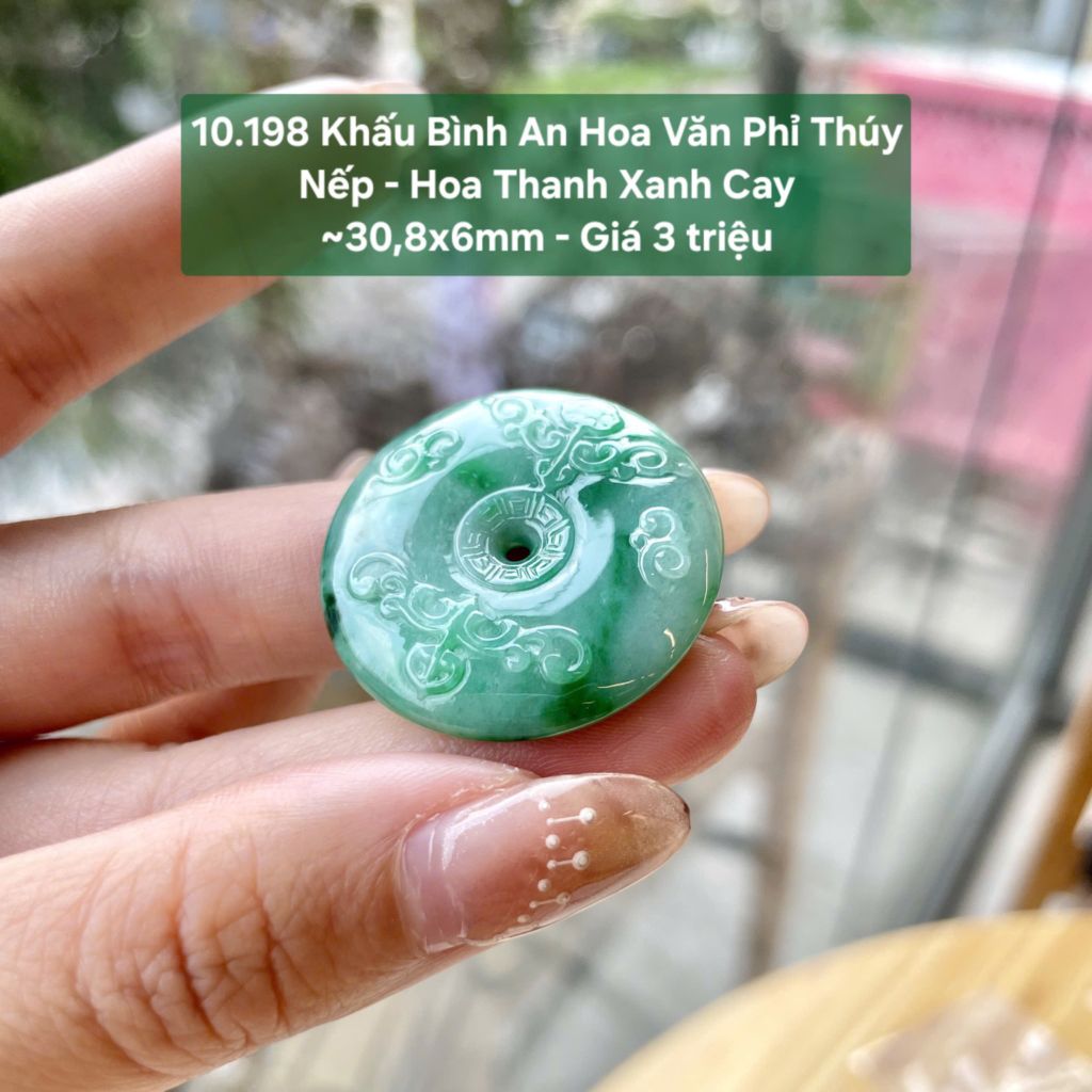 Khấu Bình An Hoa Văn Phỉ Thúy Nếp - Hoa Thanh Xanh Cay ~30,8x6mm 10.198