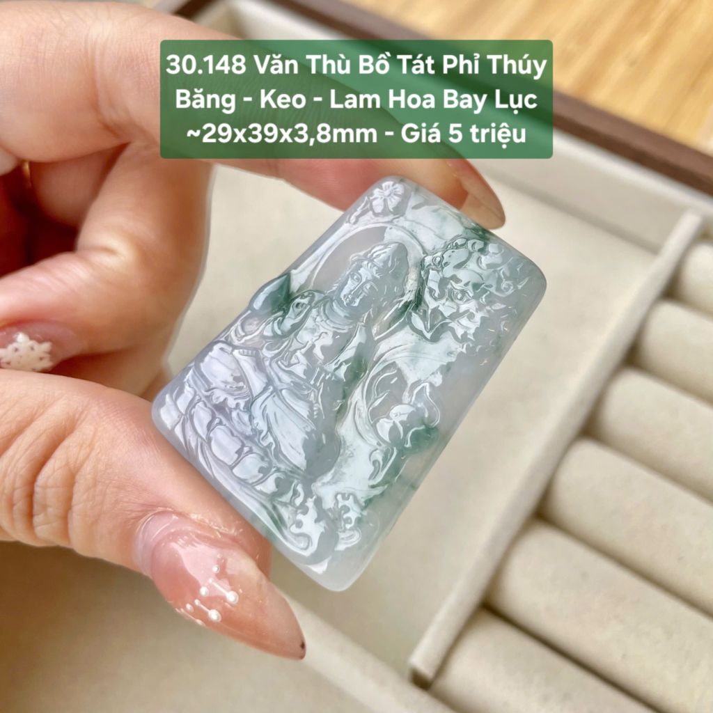 Văn Thù Bồ Tát Phỉ Thúy Băng - Keo - Lam Hoa Bay Lục ~29x39x3,8mm 30.148