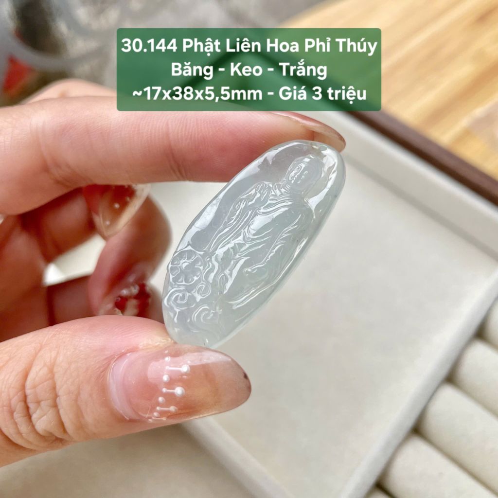 Phật Liên Hoa Phỉ Thúy Băng - Keo - Trắng ~17x38x5,5mm 30.144
