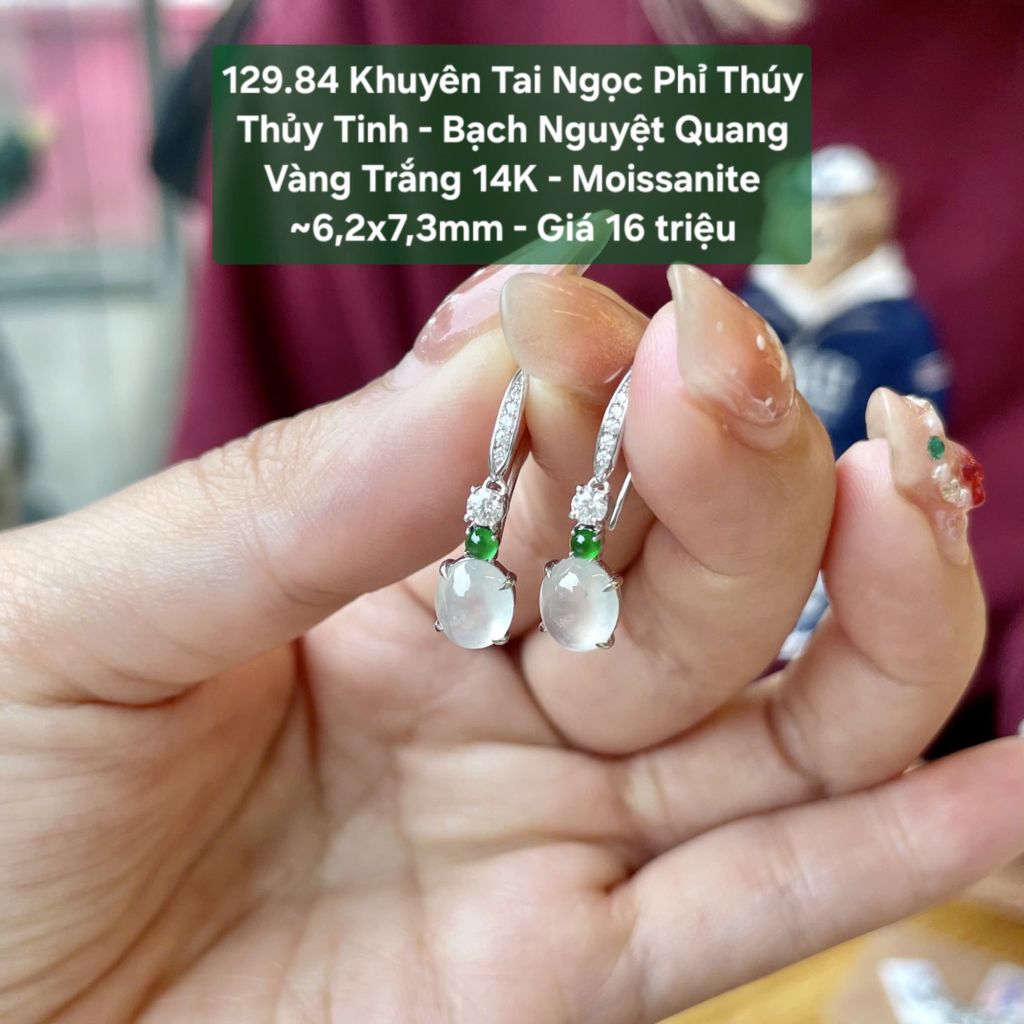 Khuyên Tai Ngọc Phỉ Thúy Thủy Tinh – Bạch Nguyệt Quang VT14K – Moissanite ~6,2x7,3mm 129.84