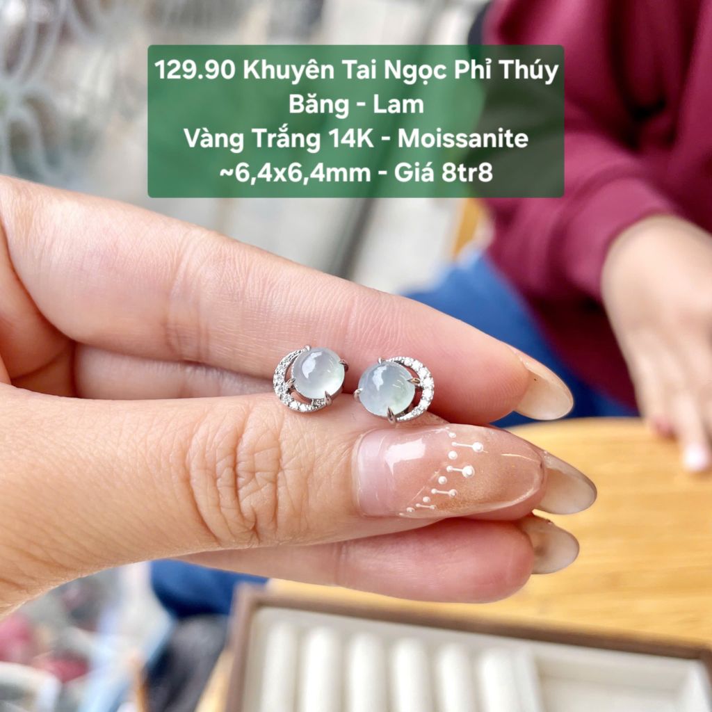 Khuyên Tai Ngọc Phỉ Thúy Băng – Lam – VT14K – Moissanite ~6,4x6,4mm 129.90