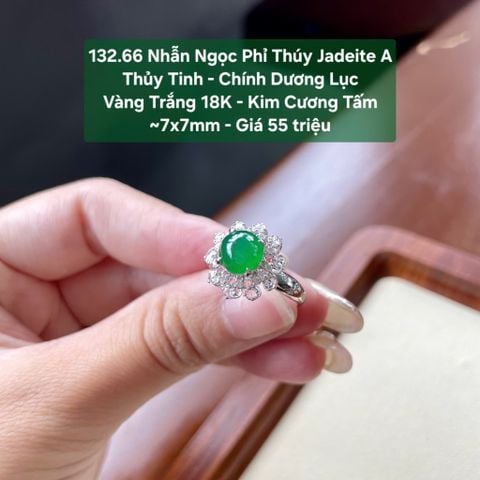 132.66 Nhẫn Ngọc Phỉ Thuý Jadeite A - Thuỷ Tinh - Chính Dương Lục ~ VT18K - KC Tấm ~ 7x7mm