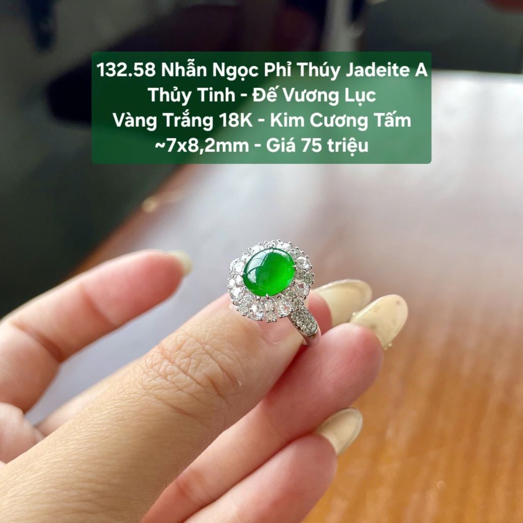 132.58 Nhẫn Ngọc Phỉ Thuý Jadeite A - Thuỷ Tinh - Đế Vương Lục - VT18K - KC Tấm ~ 7x8,2mm