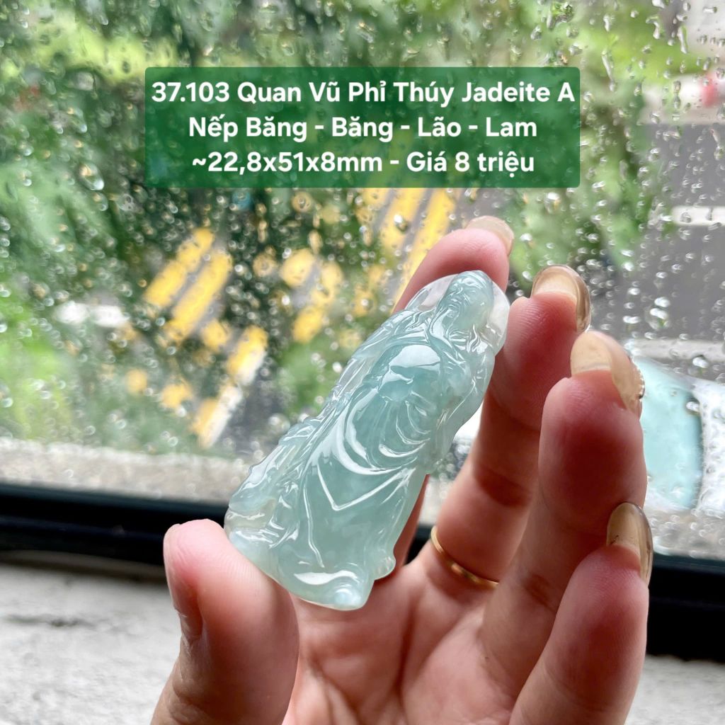 Quan Vũ Phỉ Thúy Jadeite A Nếp Băng - Băng - Lão - Lam ~22,8x51x8mm 37.103