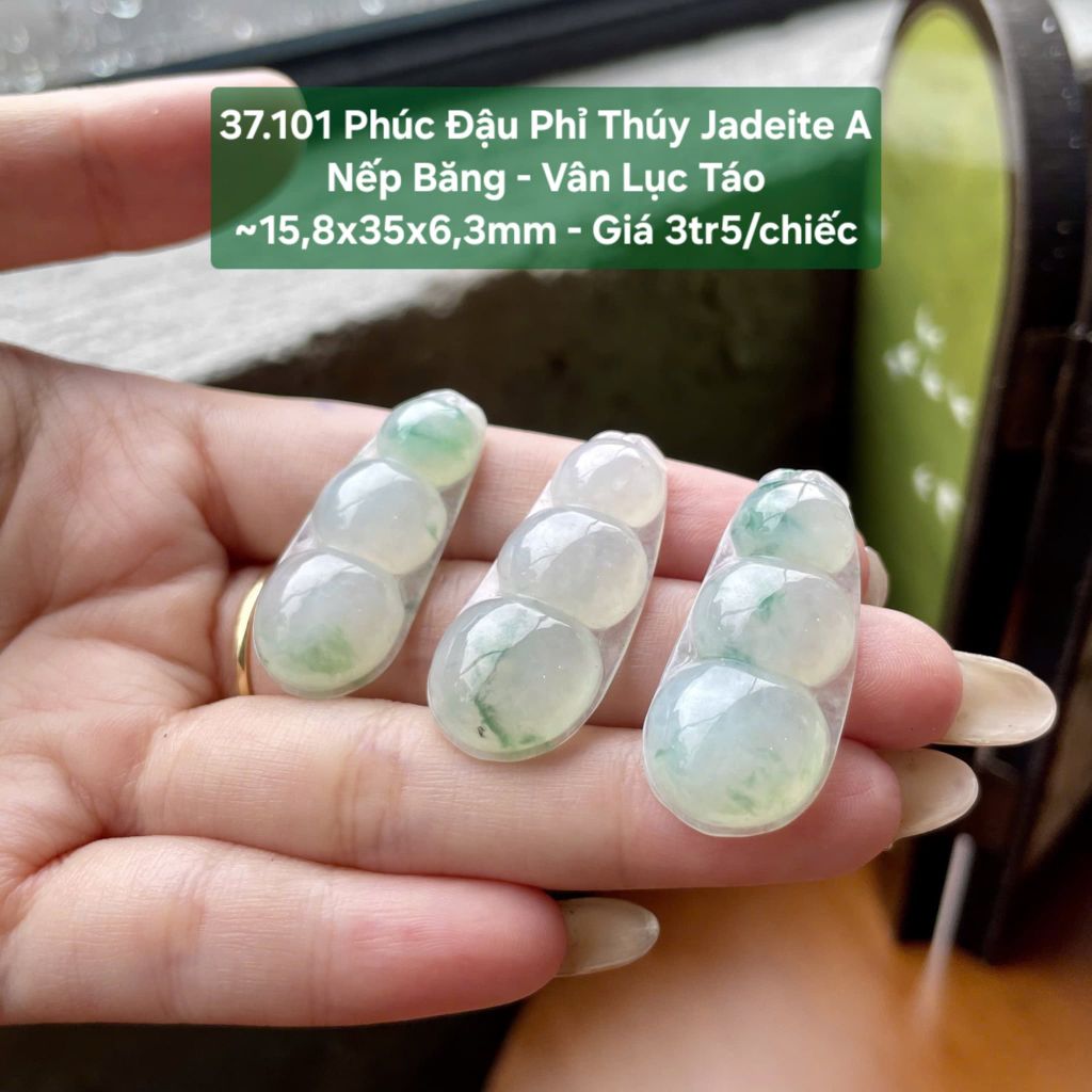 Phúc Đậu Phỉ Thúy Jadeite A Nếp Băng - Vân Lục Táo ~15,8x35x6,3mm 37.101