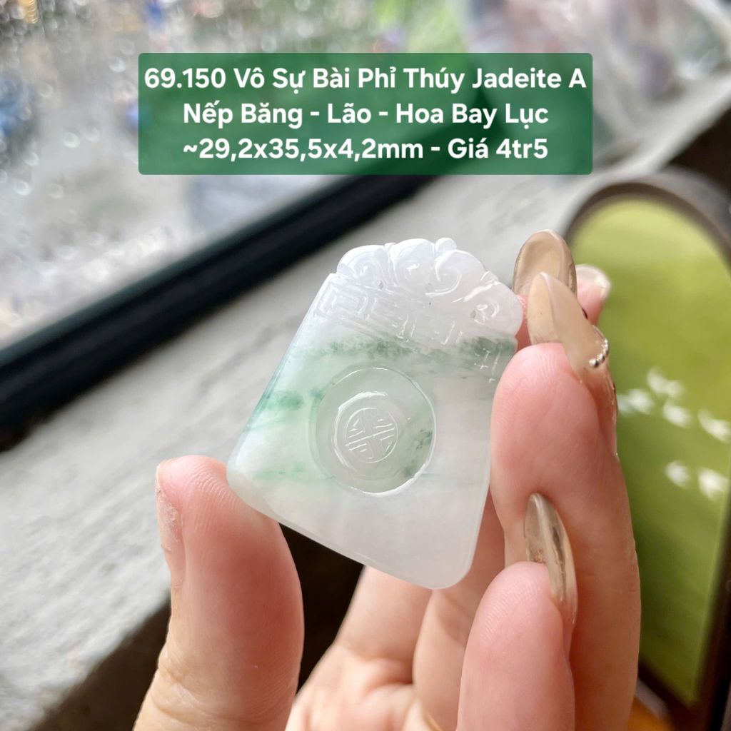 Vô Sự Bài Phỉ Thúy Jadeite A Nếp Băng - Lão - Hoa Bay Lục ~29,2x35,5x4,2mm 69.150