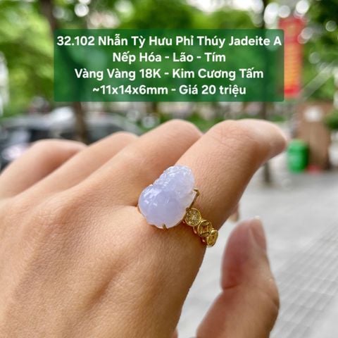 32.102 Nhẫn Tỳ Hưu Phỉ Thuý Jadeite A - Nếp Hoá - Lão - Tím - VV18K- KC Tấm ~11x14x6mm