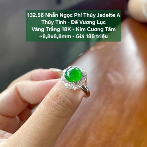 132.56 Nhẫn Phỉ Thuý Jadeite A - Thuỷ Tinh - Đế Vương Lục ~ VT18K - KC Tấm ~ 8,8x8,8mm