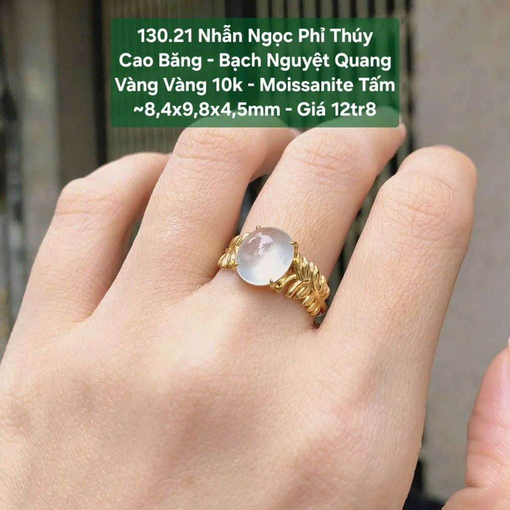 Nhẫn Ngọc Phỉ Thúy Cao Băng - Bạch Nguyệt Quang VV 10k - Moissanite Tấm ~8,4x9,8x4,5mm 130.21
