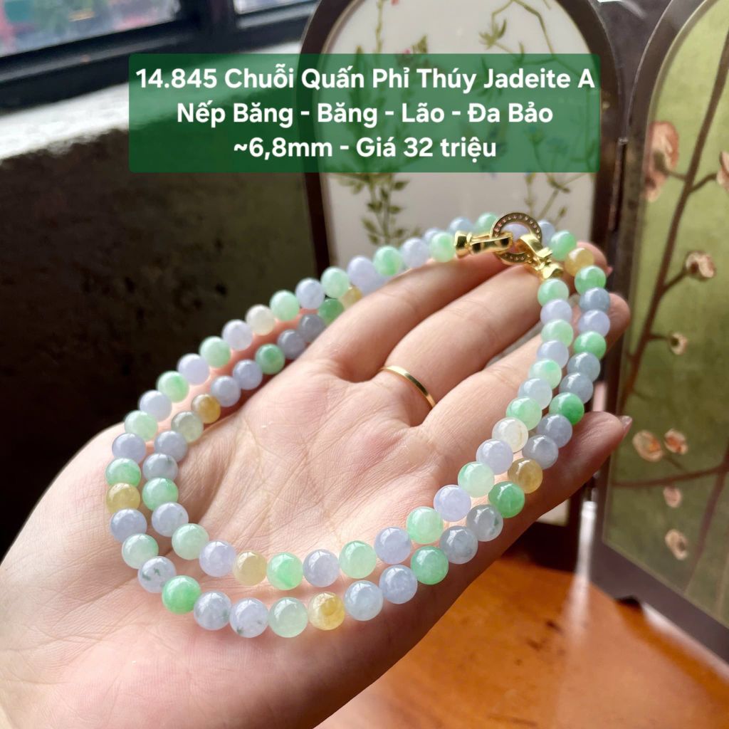 14.845 Chuỗi Quấn Phỉ Thuý Jadeite A - Nếp Băng - Băng - Lão - Đa Bảo ~6,8mm
